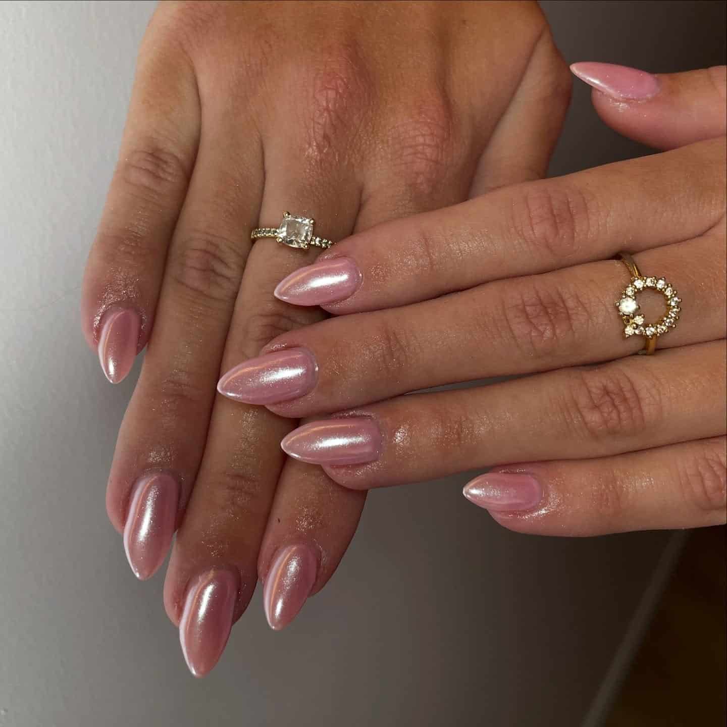 12. Soft Pink Pearl Chrome Almonds - pink chrome nail ideas