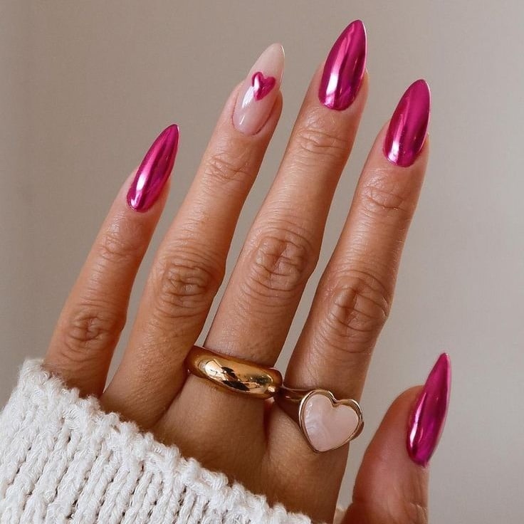 18. Pink Chrome Heart Accent Nails - pink chrome nail ideas