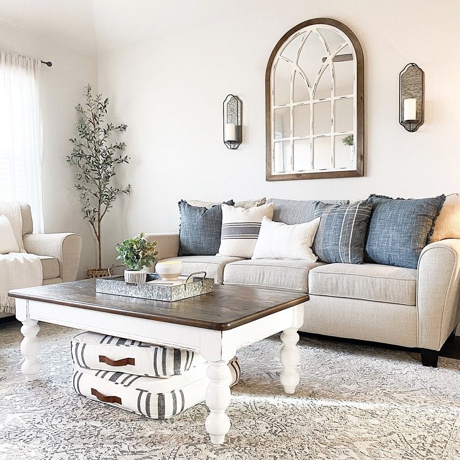 4. Timeless Blue and Cream Farmhouse Style - modern farmhouse living room ideas