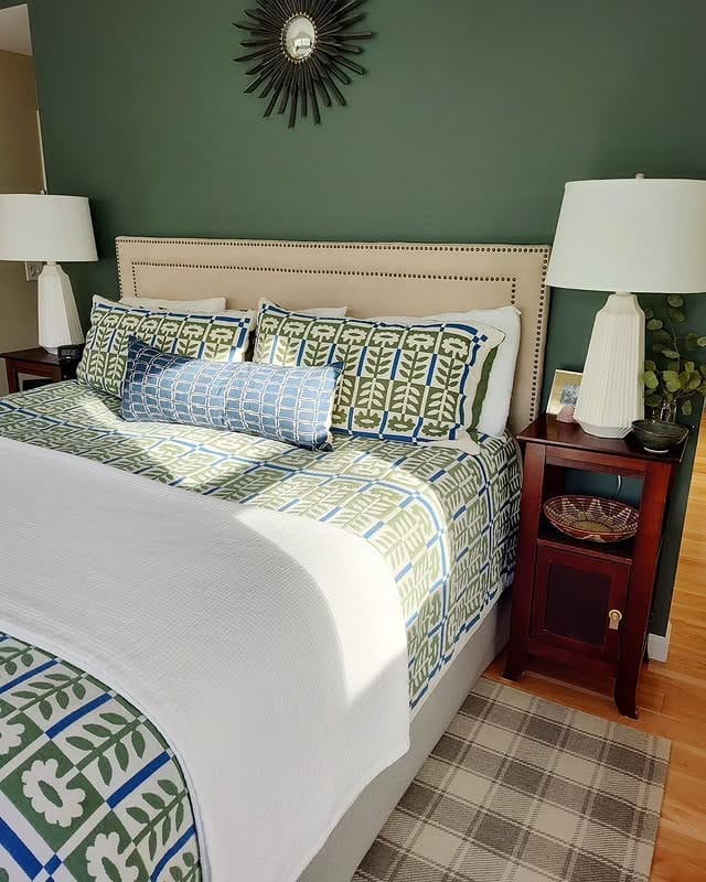 17. Pattern Play in Olive and Indigo - main bedroom ideas
