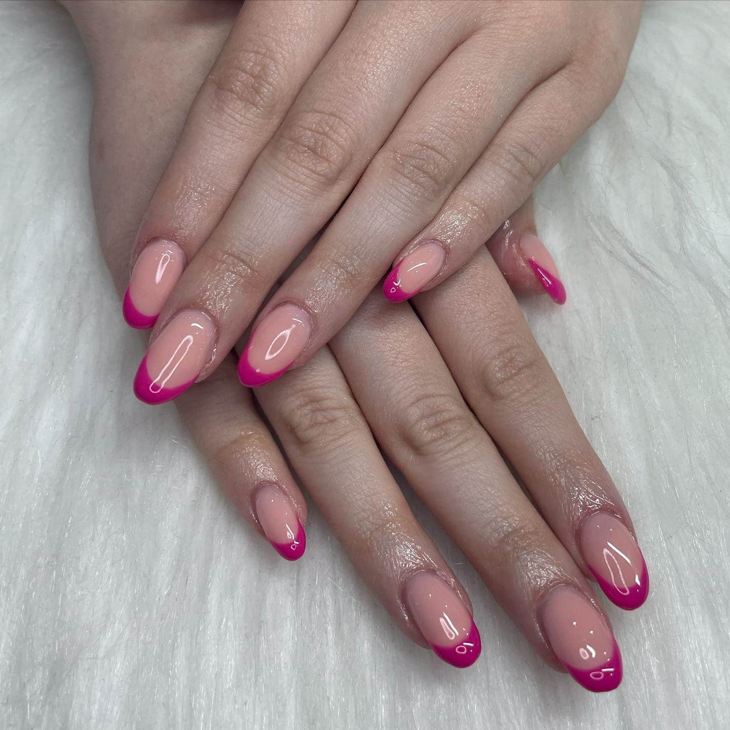 1. Glossy Almond Pink French Tips - pink french nail ideas