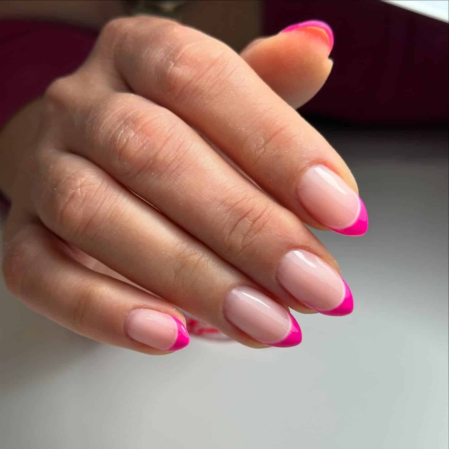 8. Fuchsia Edge Almond Tips - pink french nail ideas
