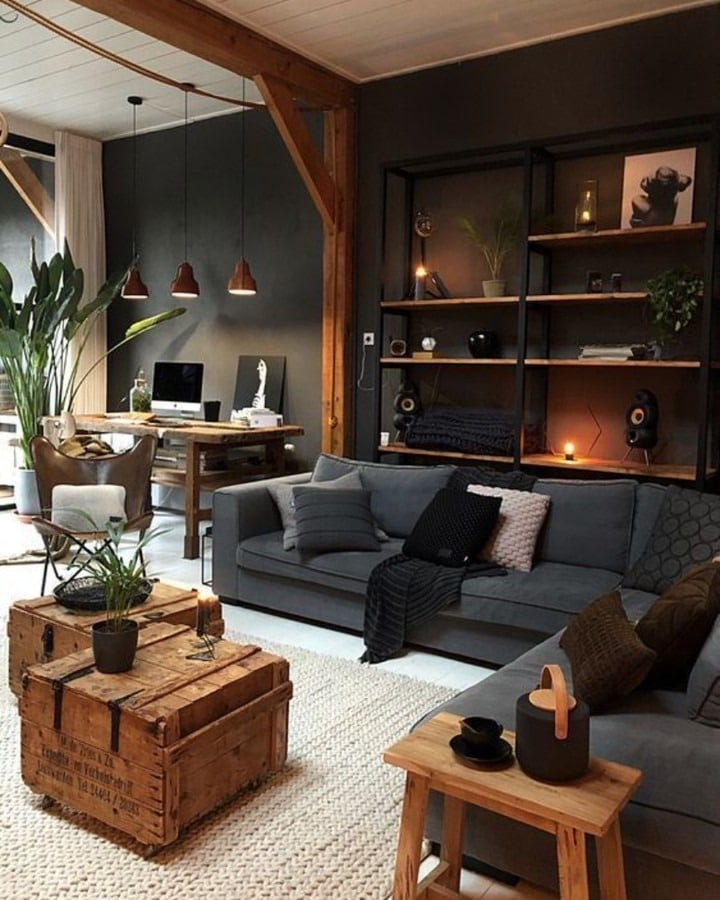 2. Moody Industrial Loft with Copper Accents - industrial living room ideas