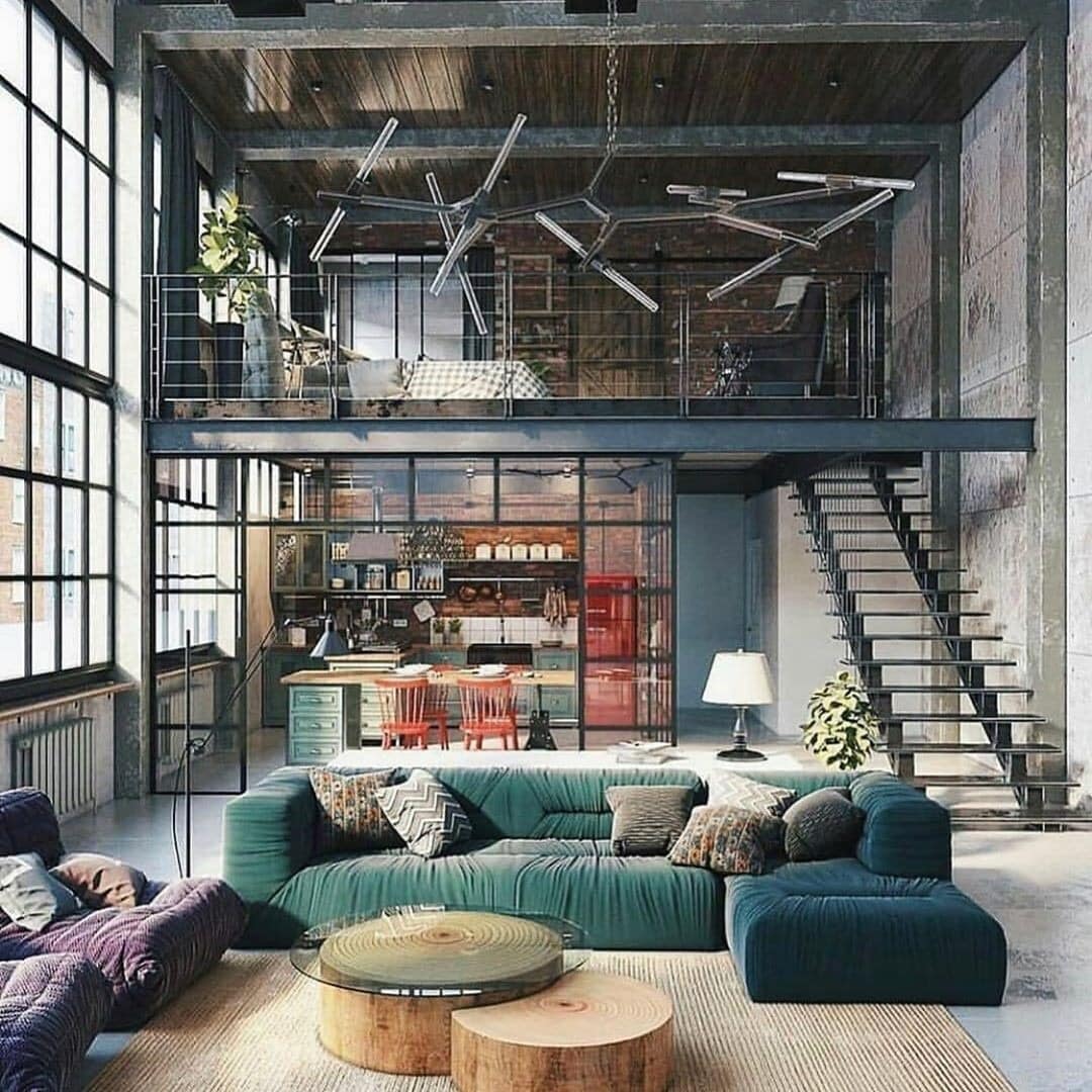 6. Double-Height Loft with Industrial Luxe - industrial living room ideas