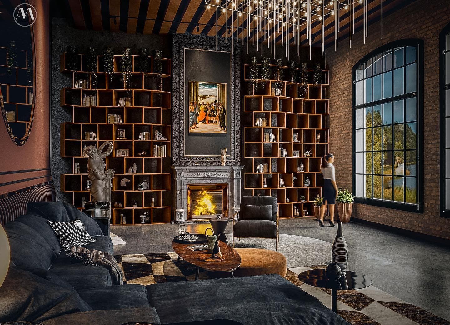 7. Artistic Fireplace Loft with Structured Warmth - industrial living room ideas