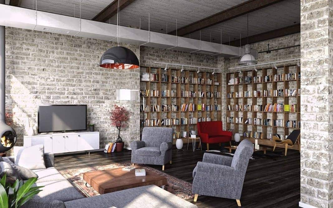 9. Library Loft with Industrial Comfort - industrial living room ideas