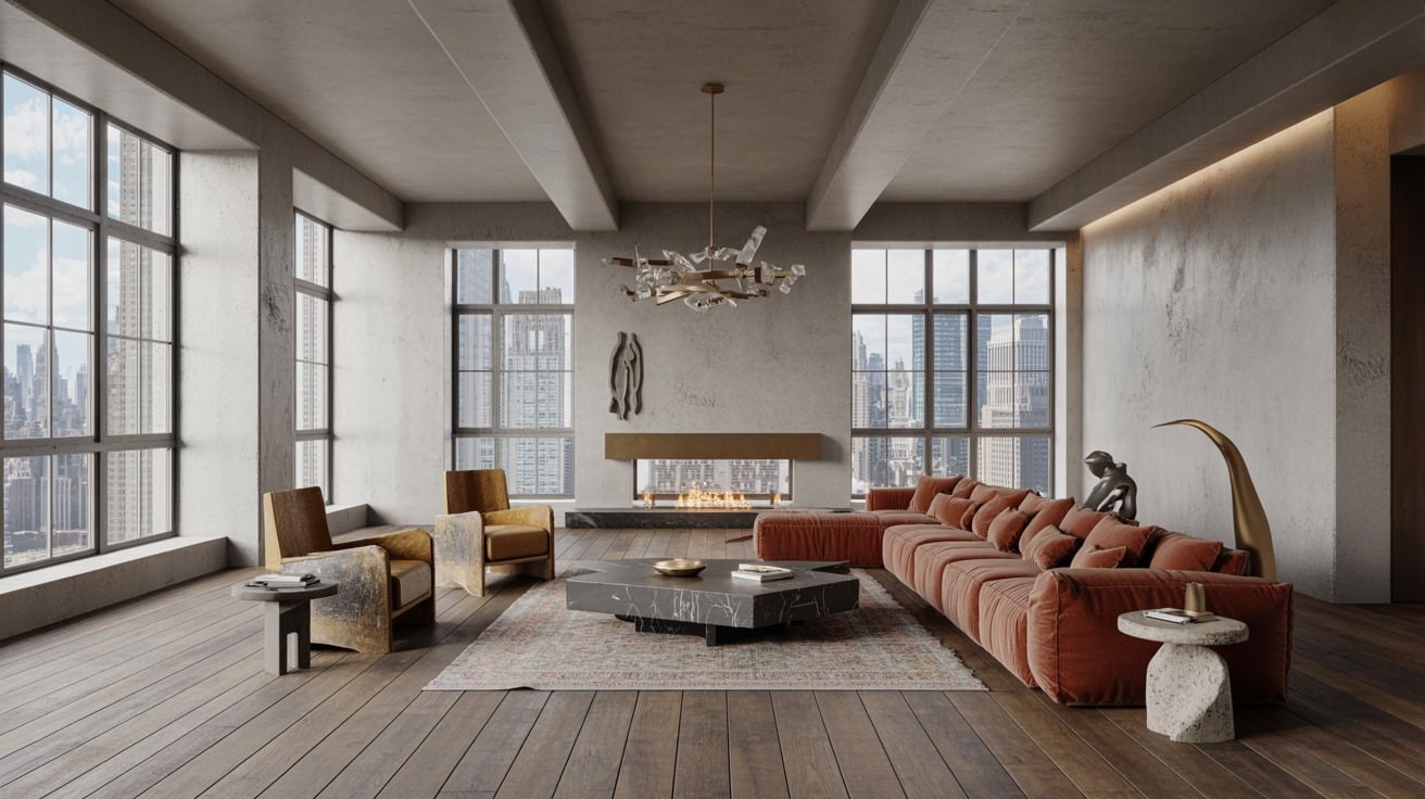 12. Urban Elegance with Terracotta Warmth - industrial living room ideas