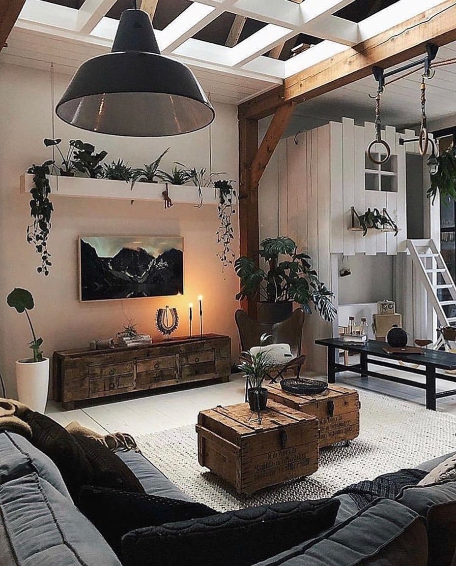 13. Rustic Loft with Botanical Accents - industrial living room ideas