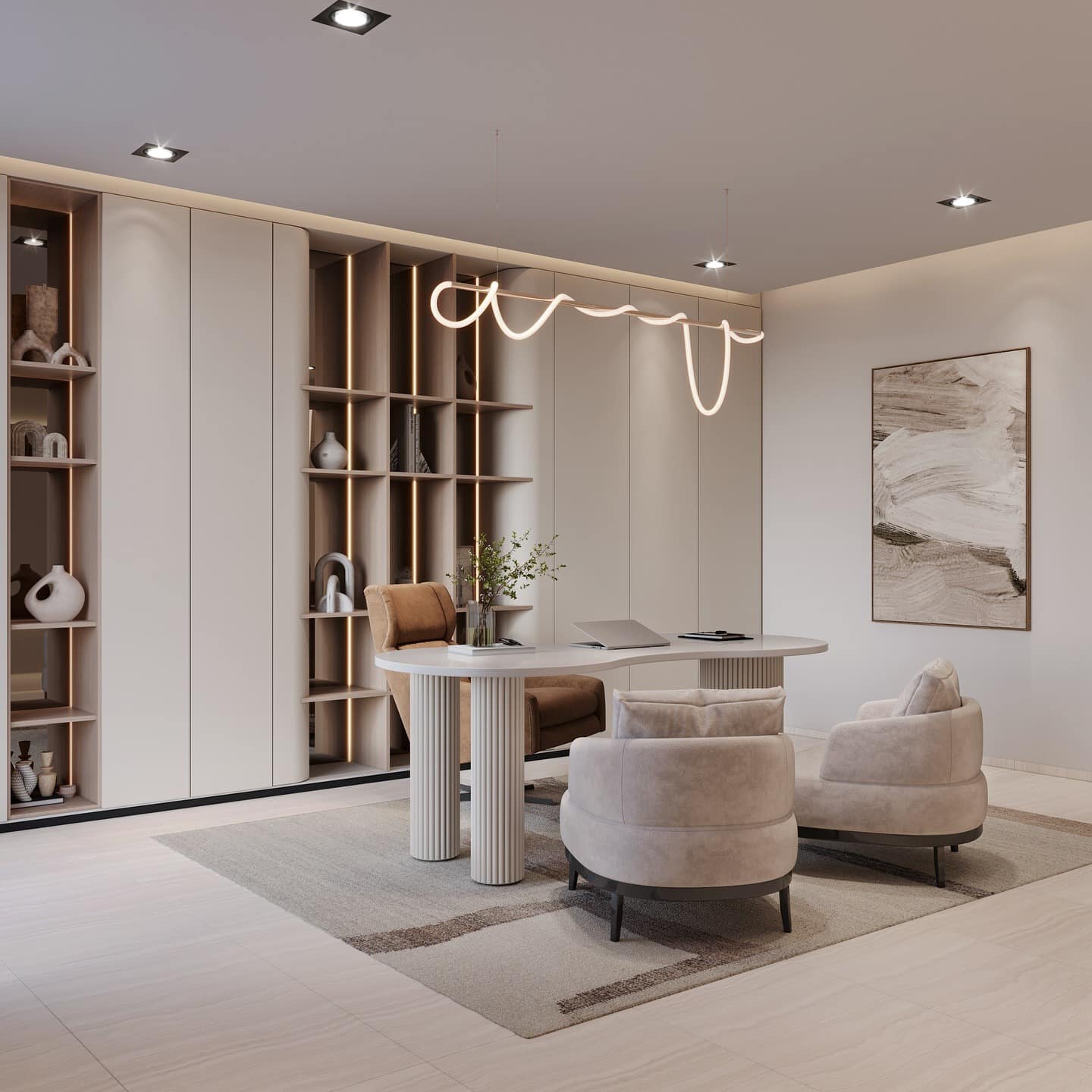 3. Soft Modern Elegance in Neutrals and Light Oak - small therapy office decor ideas