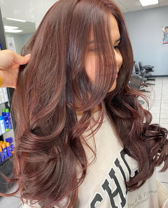 1. Glossy Mahogany Layers - Red Brown Hair Color