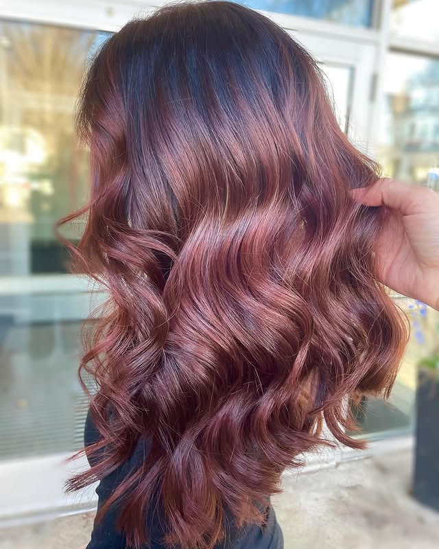 21. Rosewood Balayage Waves - Red Brown Hair Color