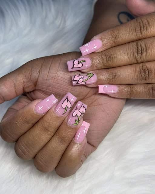 11. Glossy Pink Square Nails with Heart Vine Art - pink valentine nail ideas