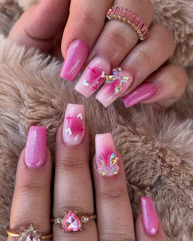 13. Sparkling Pink Ombre Nails with Crystal Butterfly Detail - pink valentine nail ideas