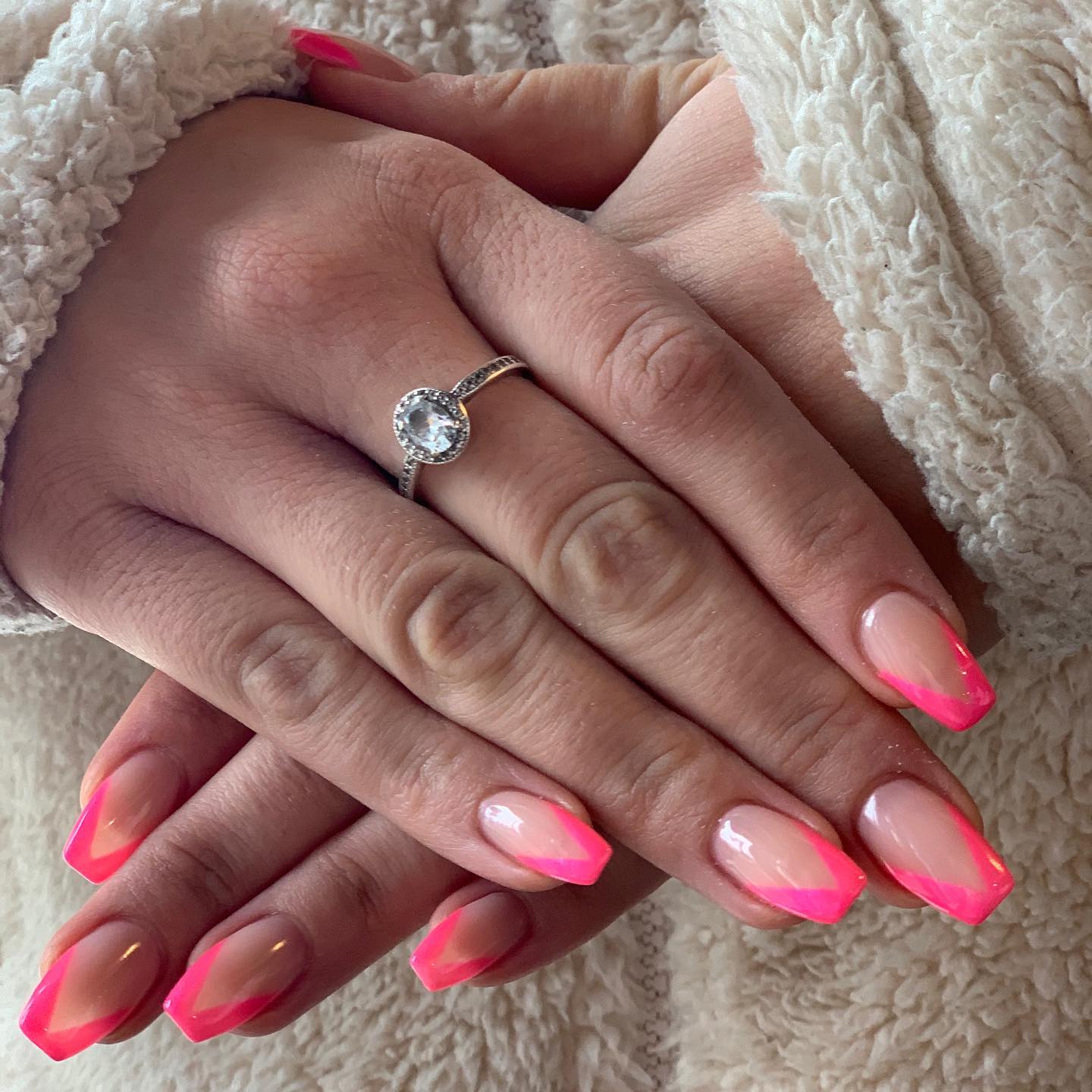 14. Neon Pink Tip Nails with Soft French Angles - pink valentine nail ideas