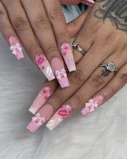 19. Coffin Nails with Pink Glitter, Hearts, and Bows - pink valentine nail ideas