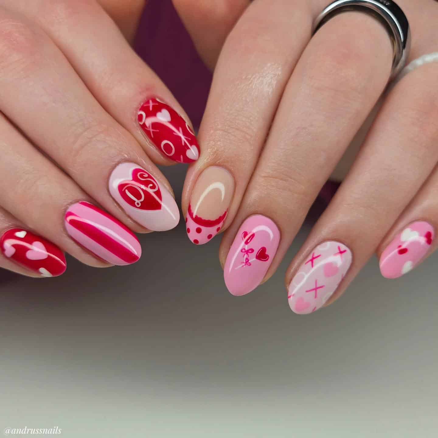 22. Red and Pink Valentine Mix-and-Match Nail Art - pink valentine nail ideas