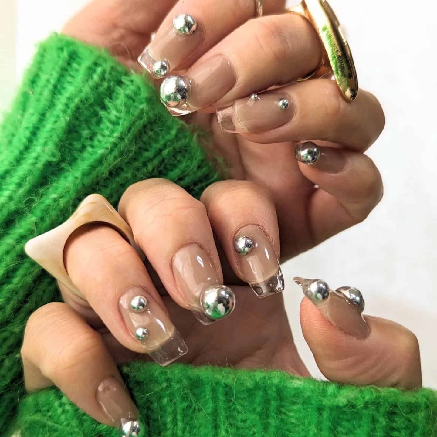 12. Silver Orb Minimalism on Clear Tips - plum nail ideas