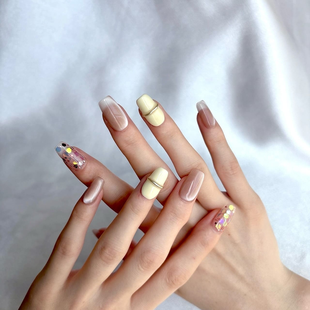 17. Soft Beige Glimmer with Lemon Accent - plum nail ideas