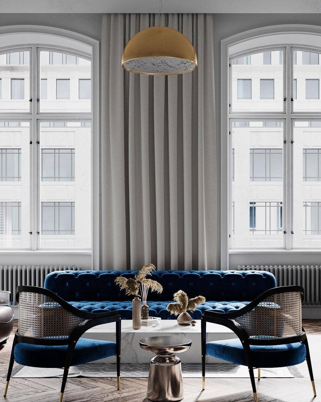 5. Minimal Luxe with Architectural Symmetry - grey and blue living room ideas