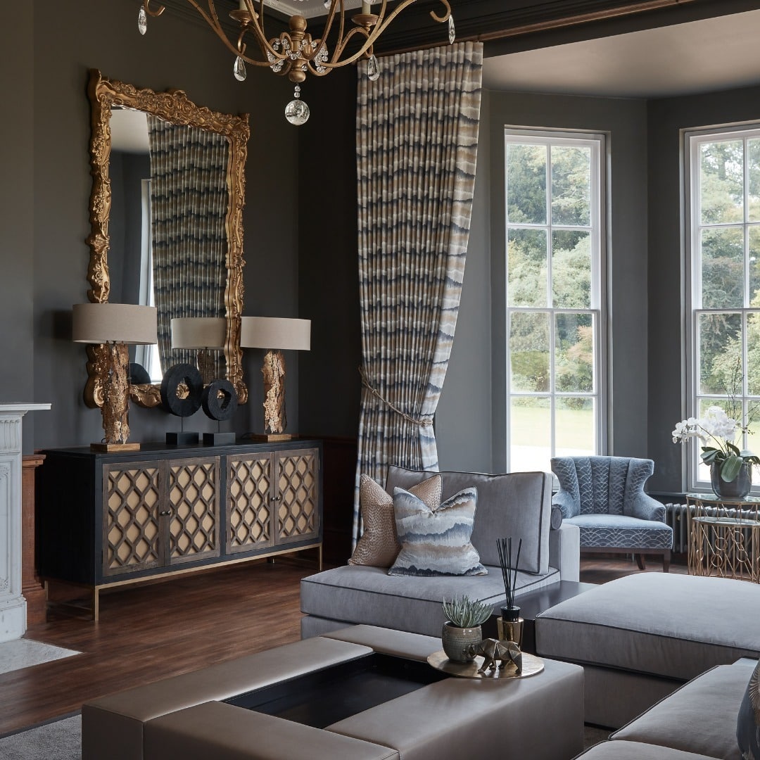 6. Classic Grandeur in Grey and Gold - grey and blue living room ideas