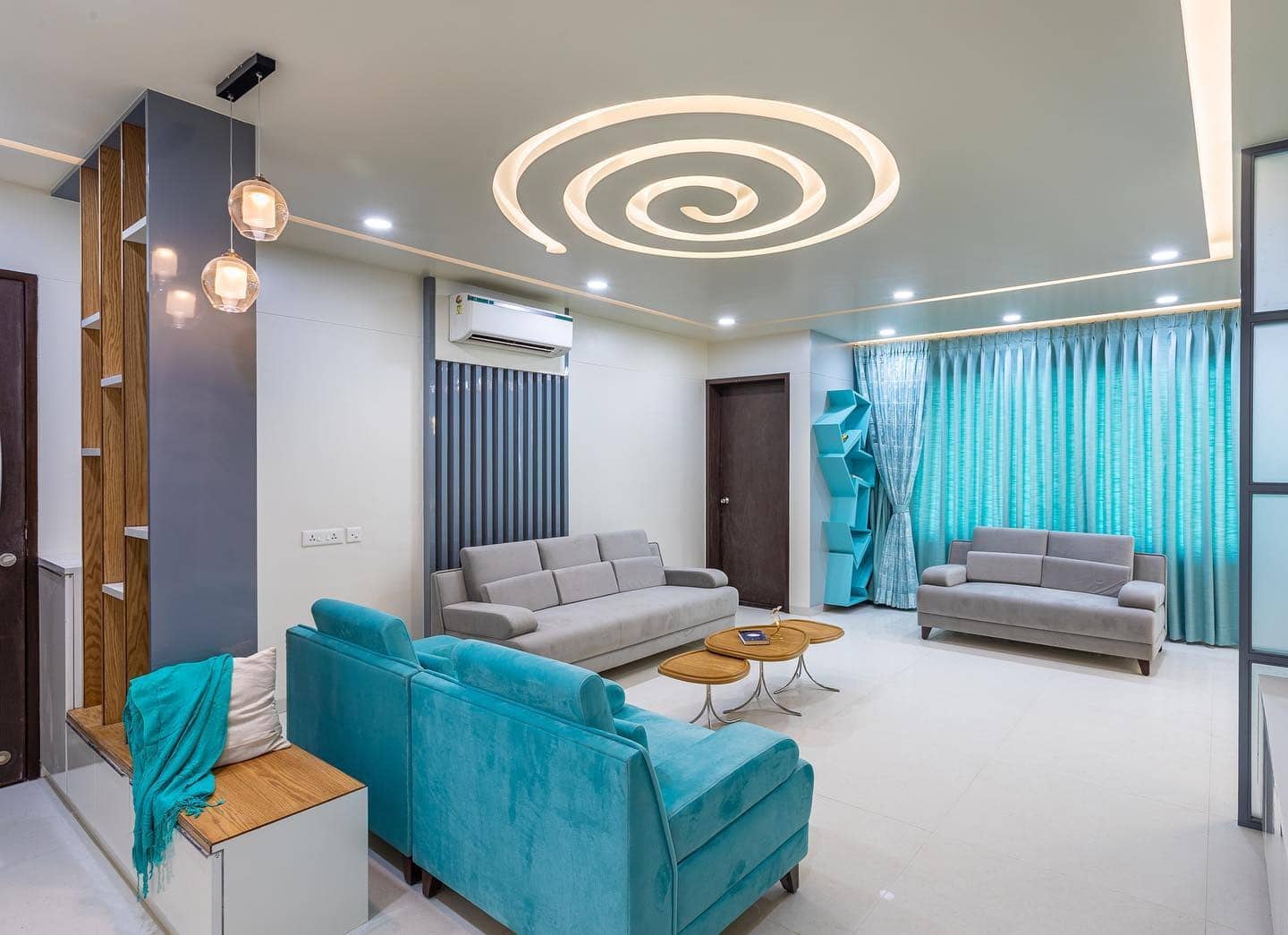 14. Aqua Modernity in Minimal Form - grey and blue living room ideas