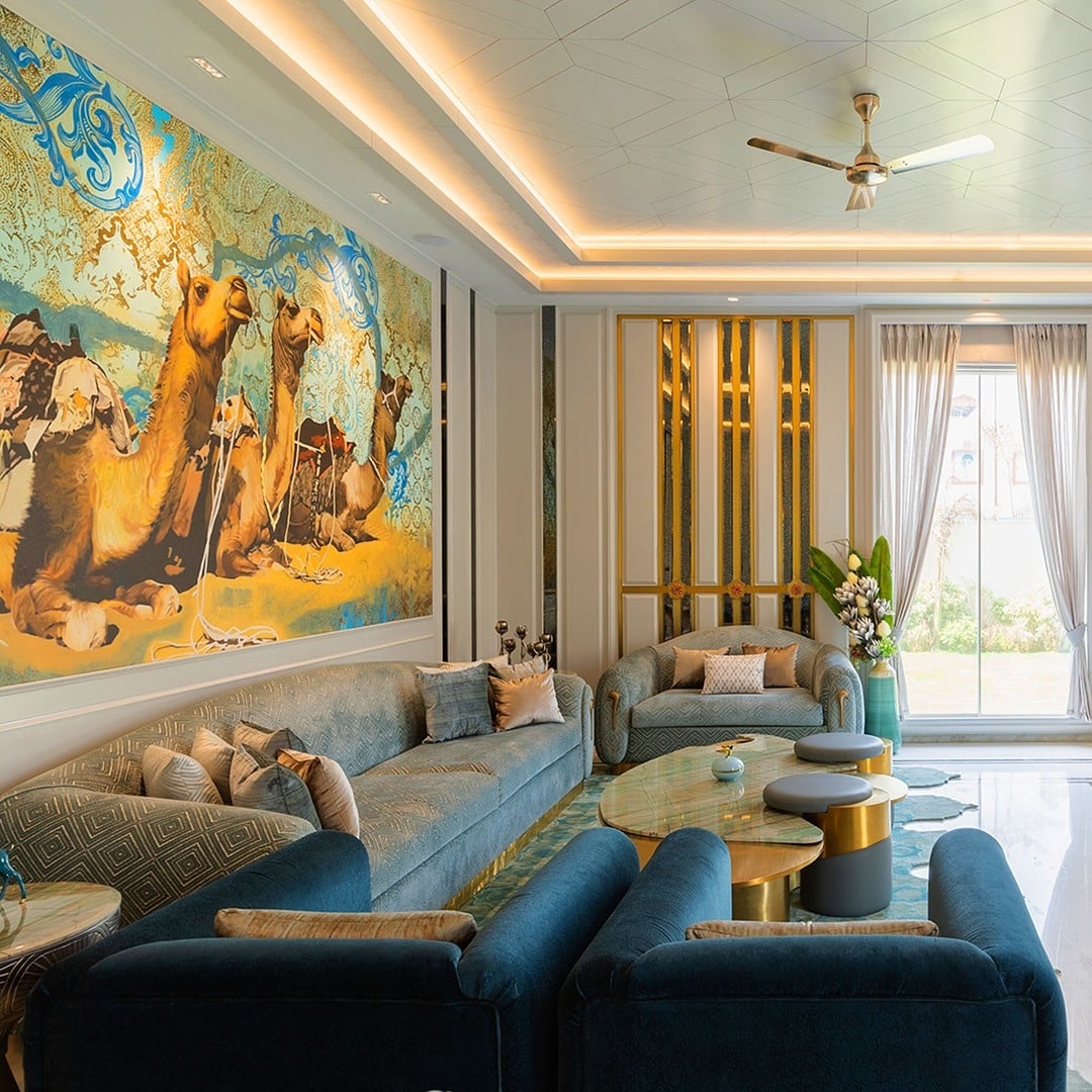 19. Opulent Blue with Artistic Flair - grey and blue living room ideas