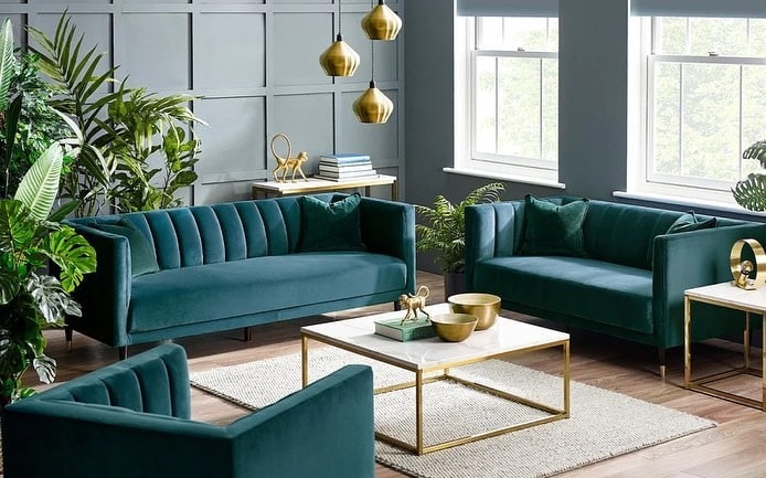 3. Modern Glam in Teal and Gold - teal and grey living room ideas