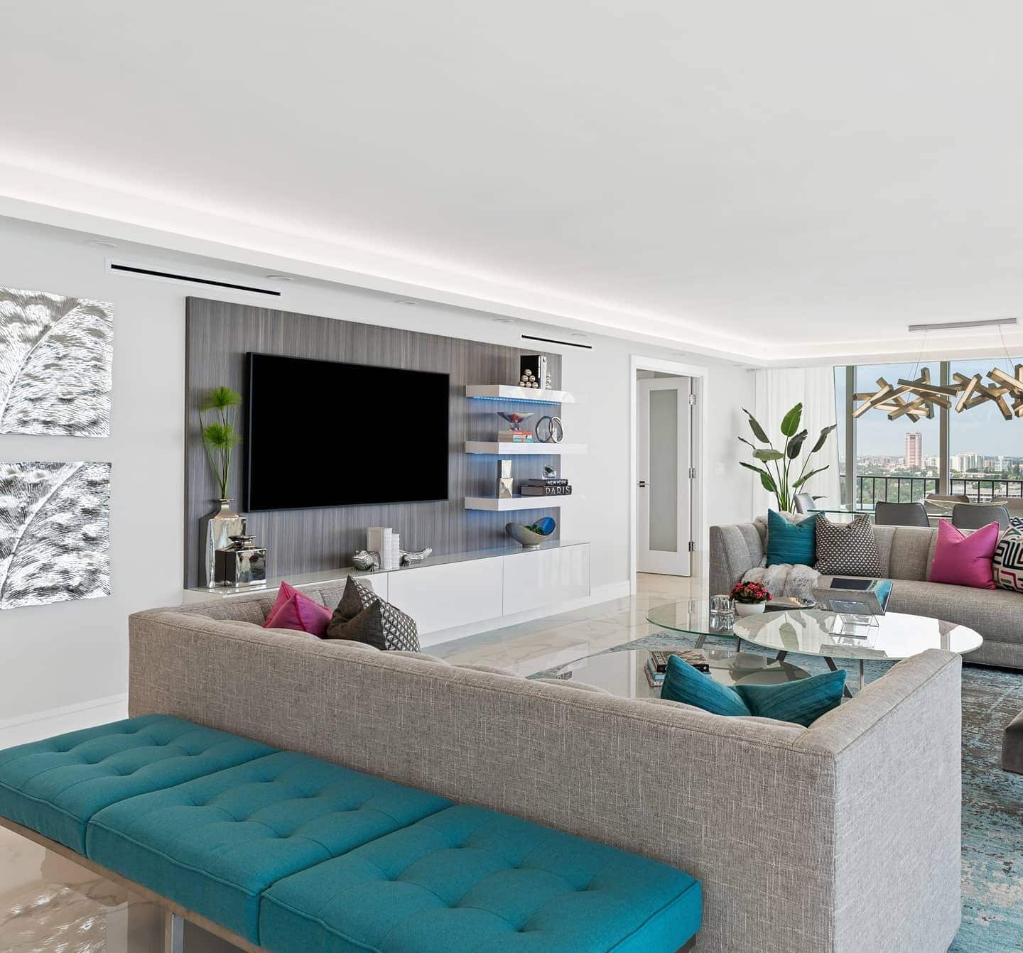 4. Contemporary Luxe with Teal Details - teal and grey living room ideas