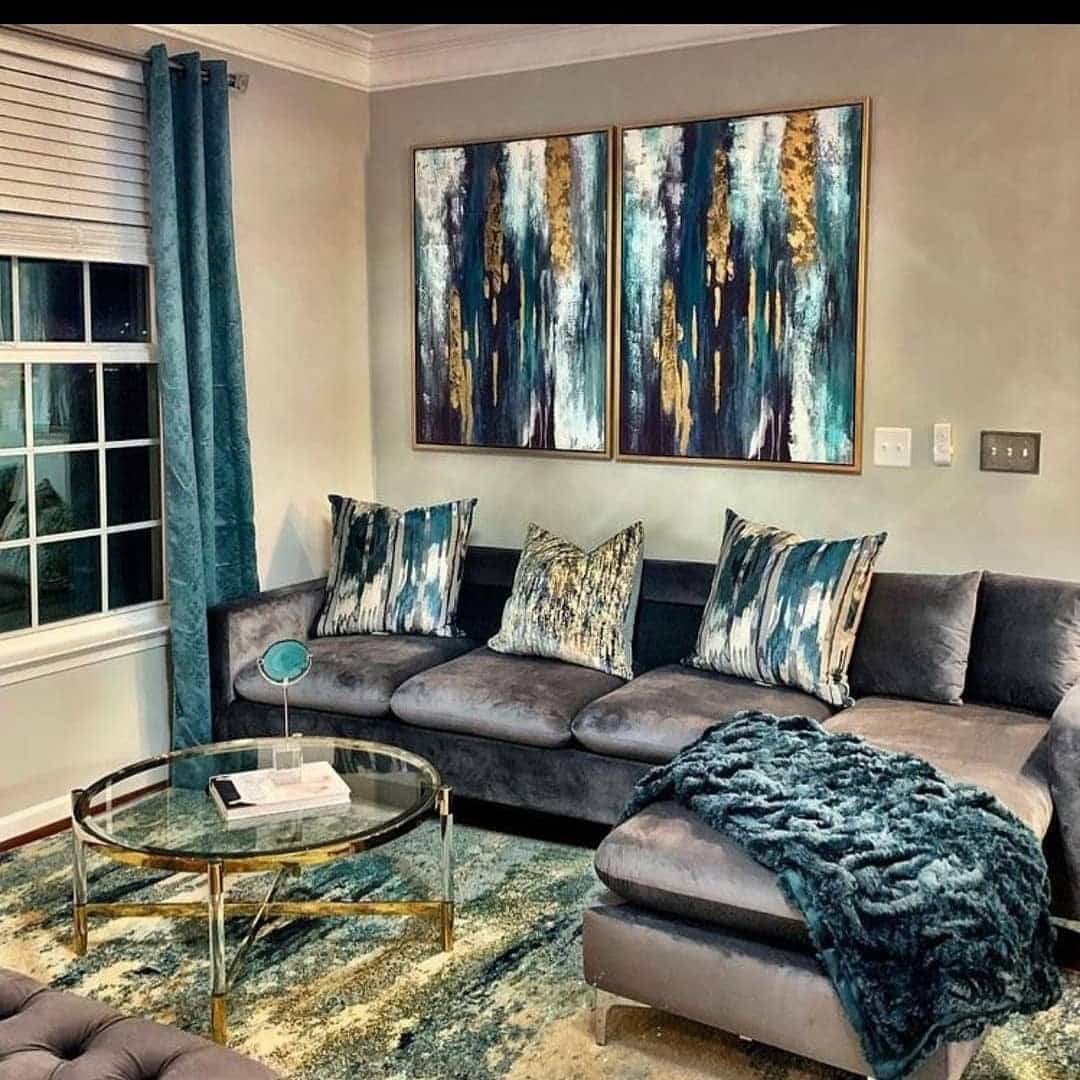 5. Teal Drama with Artistic Flair - teal and grey living room ideas