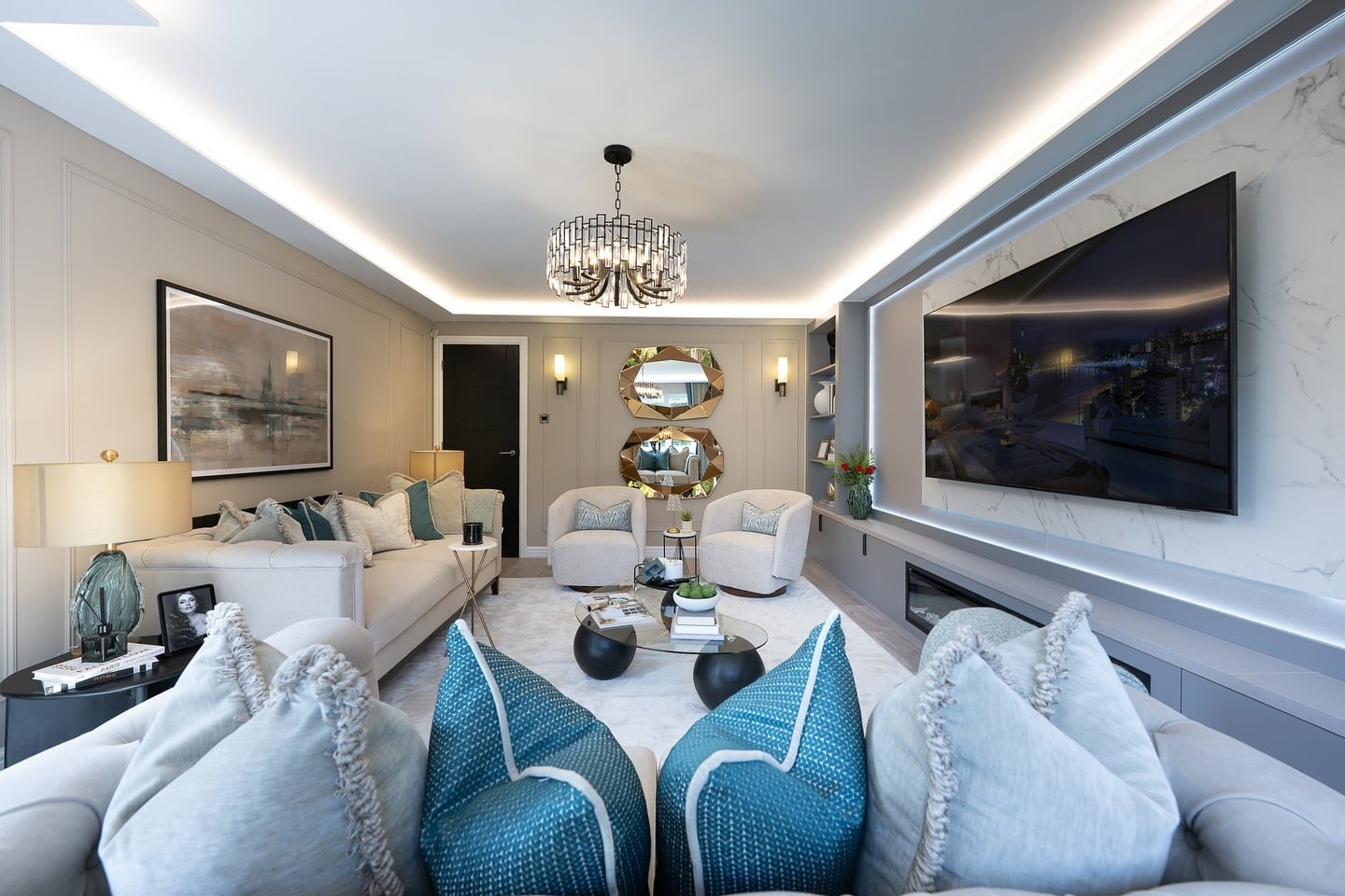 9. Polished Comfort with Teal Layers - teal and grey living room ideas