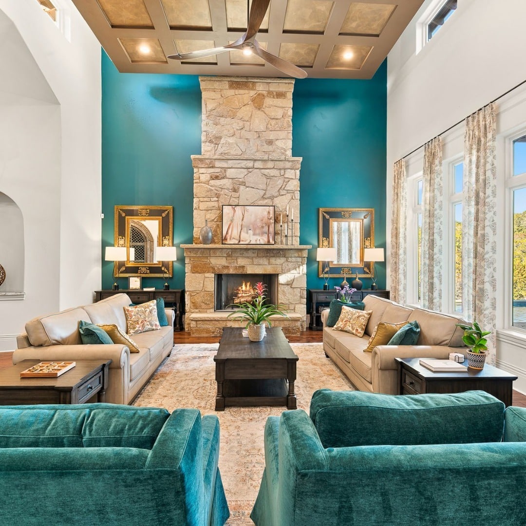 12. Teal Grandeur with Stone Charm - teal and grey living room ideas