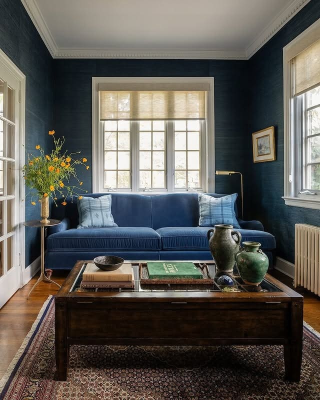 16. Classic Charm in Deep Teal - teal and grey living room ideas