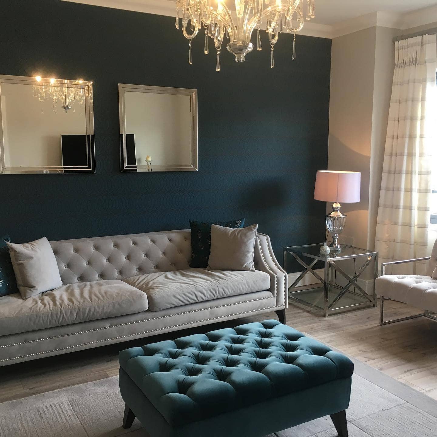 21. Refined Glamour in Teal and Soft Grey - teal and grey living room ideas