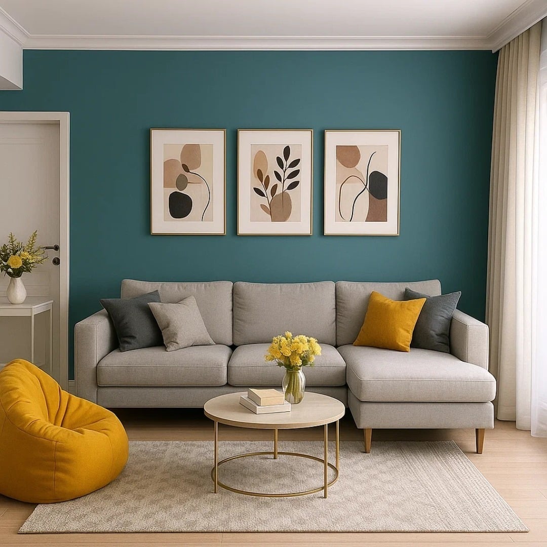 22. Modern Balance with Teal and Mustard Accents - teal and grey living room ideas