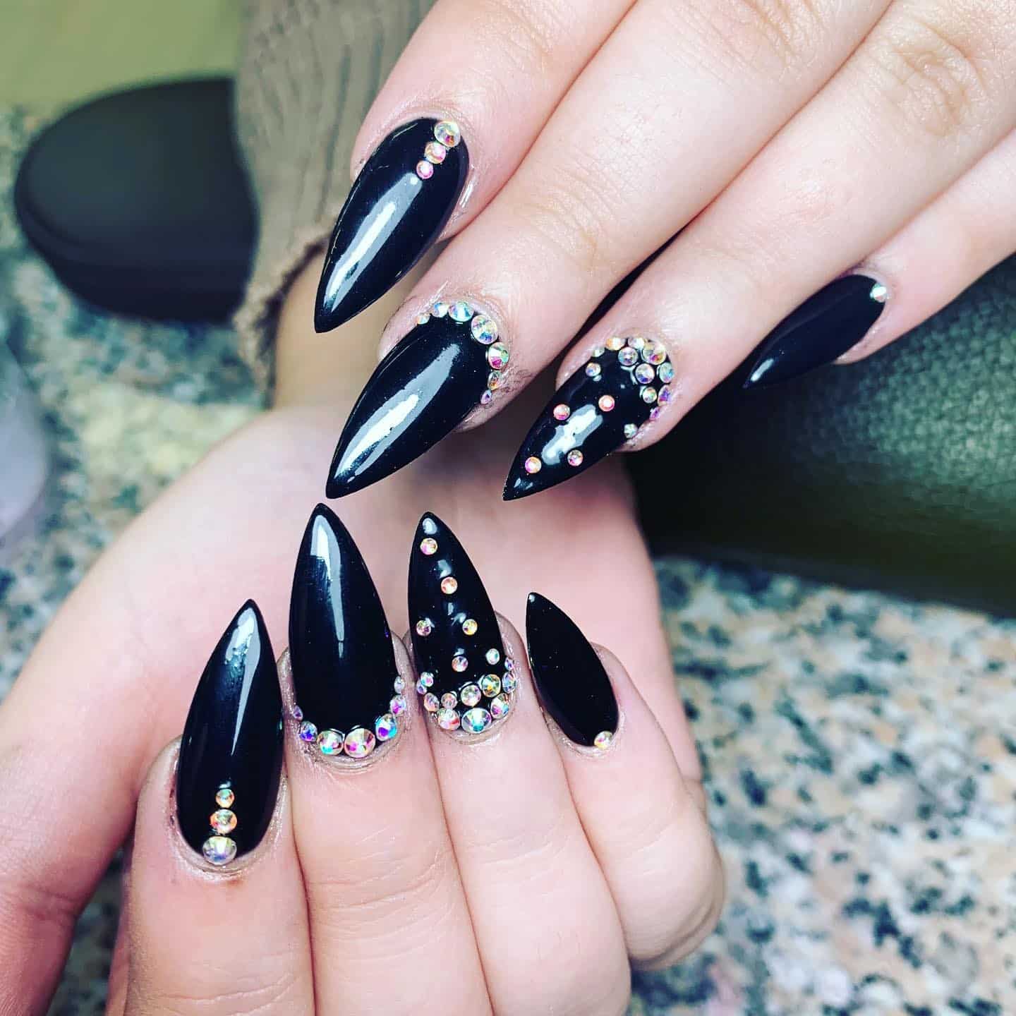 9. Black Diamond Glam Nails - pointed nail ideas