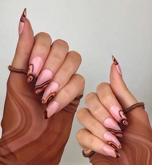 11. Mocha Swirl Art Nails - pointed nail ideas