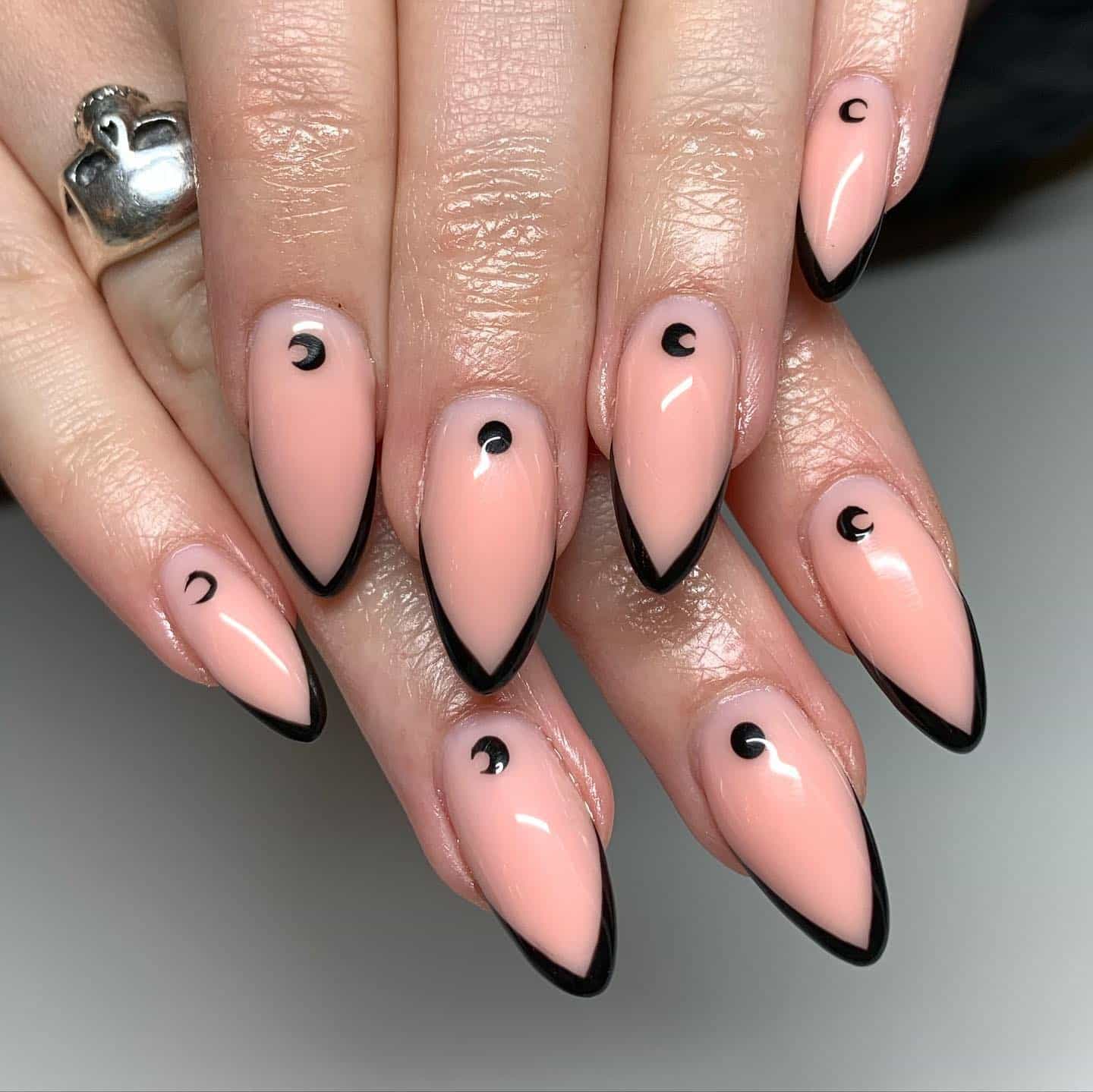 12. Black Crescent Tip Nails - pointed nail ideas
