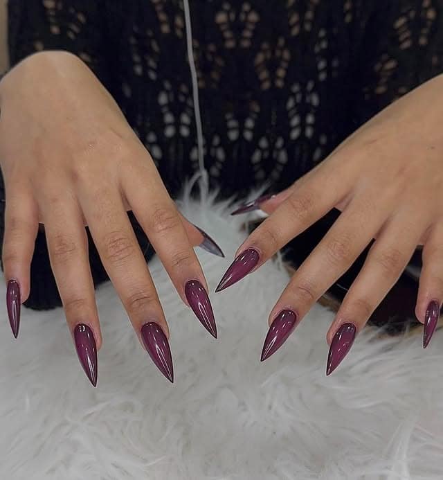 18. Deep Plum Gloss Nails - pointed nail ideas