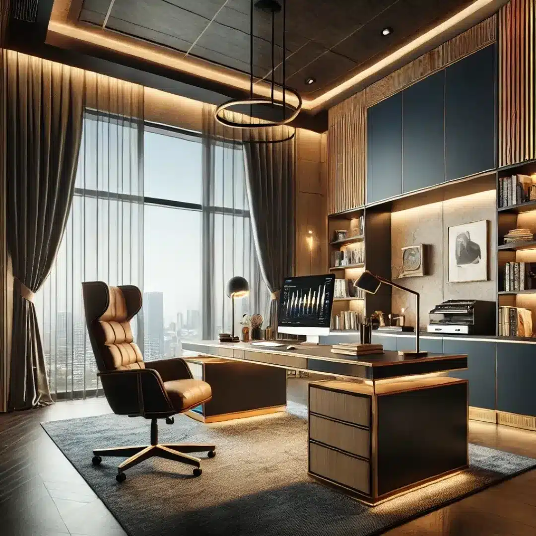 1. Executive Glow Workspace in Warm Neutrals - corporate office ideas