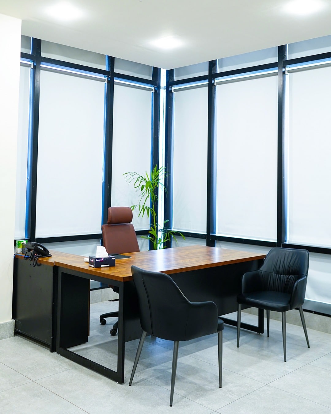 6. Refined Executive Corner with Modern Warmth - corporate office ideas