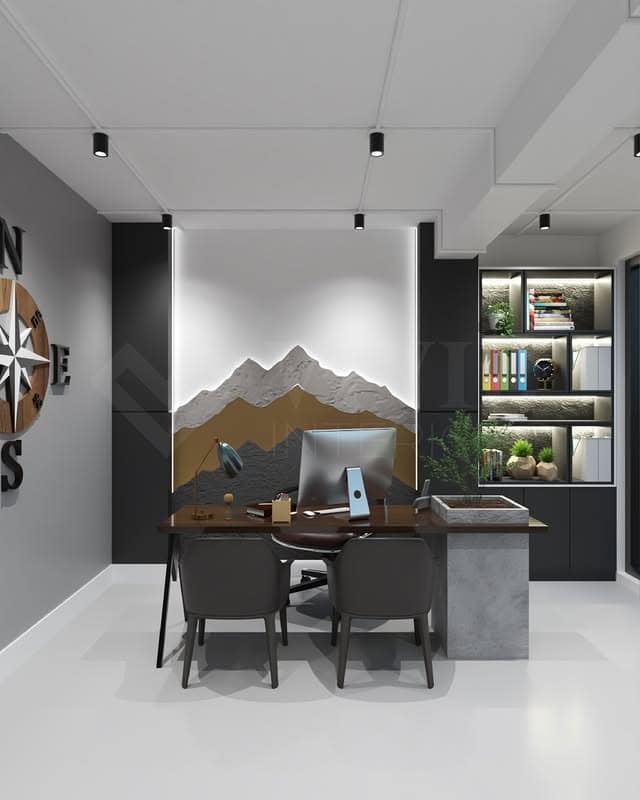 7. Modern Accent Office with Sculpted Wall Art - corporate office ideas