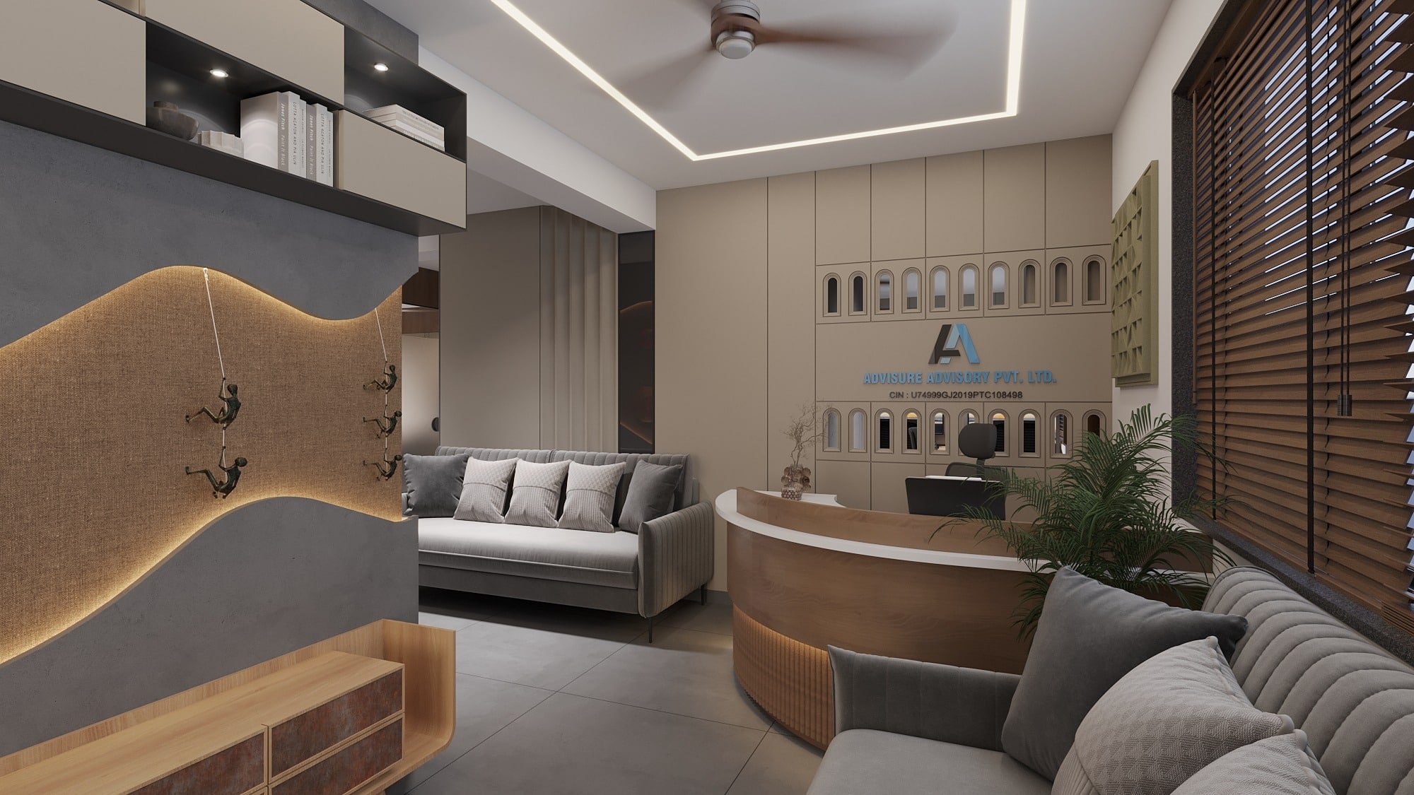 15. Warm Reception Lounge in Taupe and Charcoal - corporate office ideas