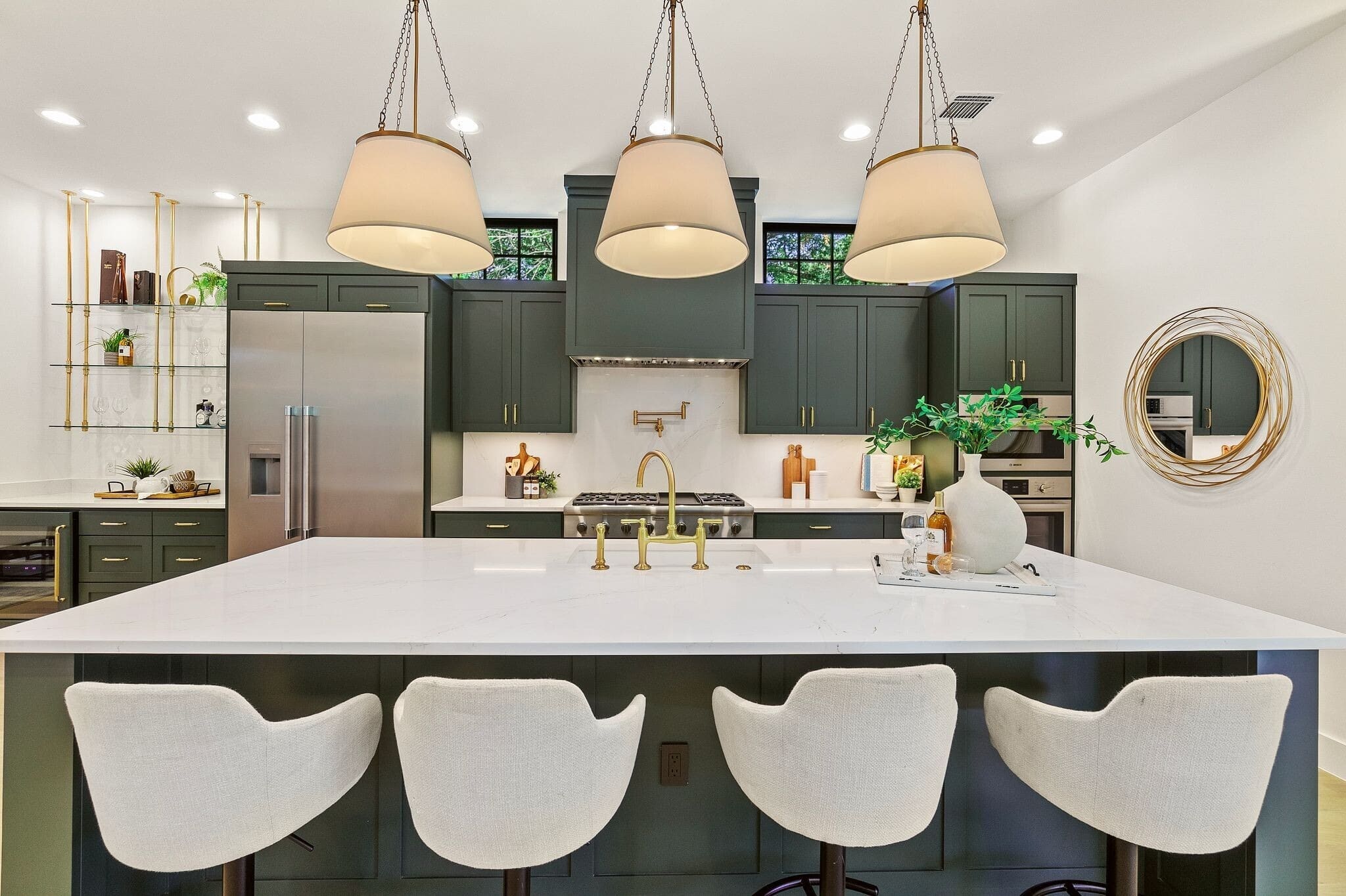 11. Emerald Elegance with Brass Highlights - kitchen centerpiece ideas