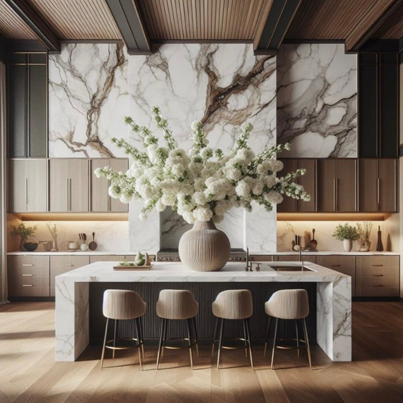 18. Marble Symphony with Blossoms - kitchen centerpiece ideas