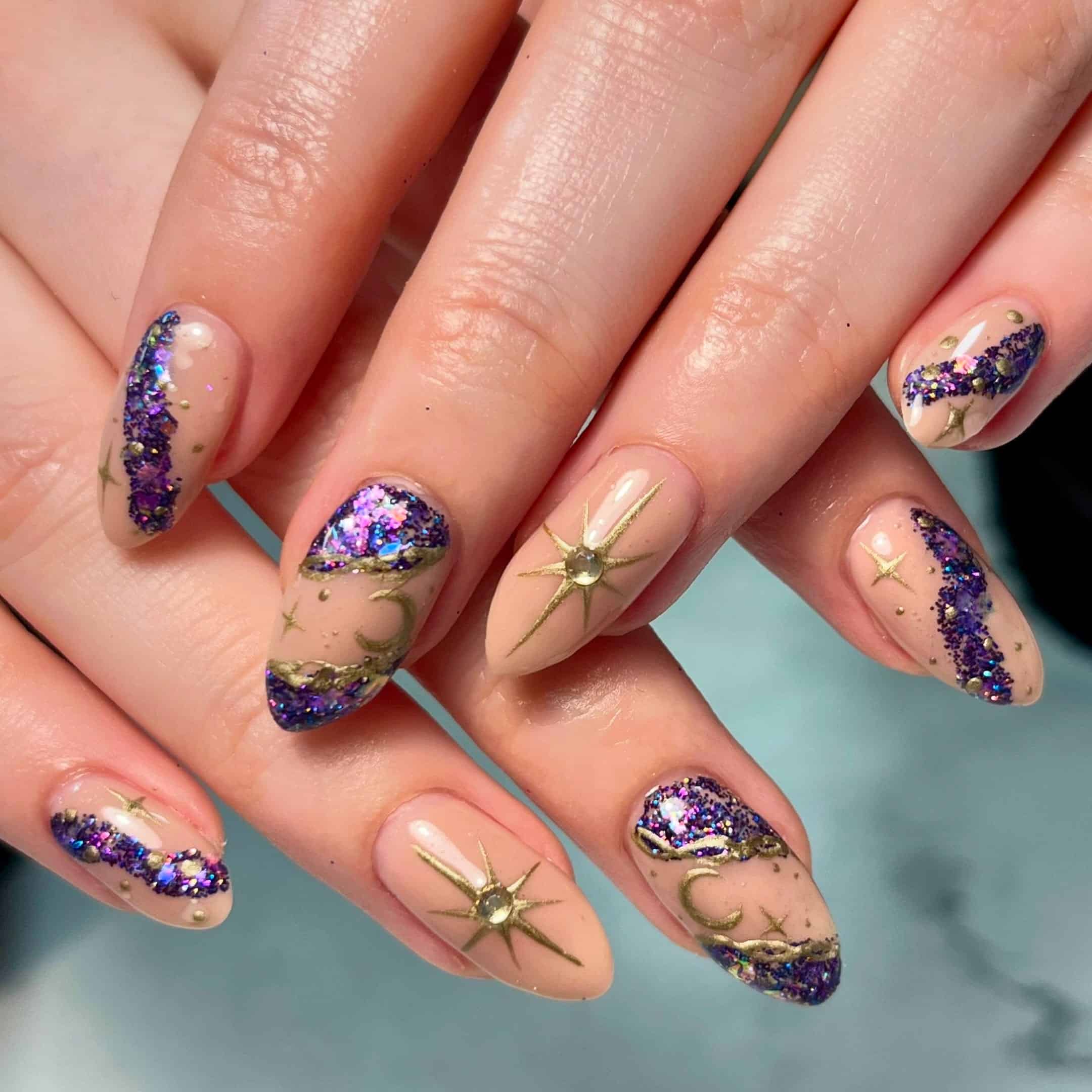 3. Celestial Violet Constellation - purple and gold nail ideas