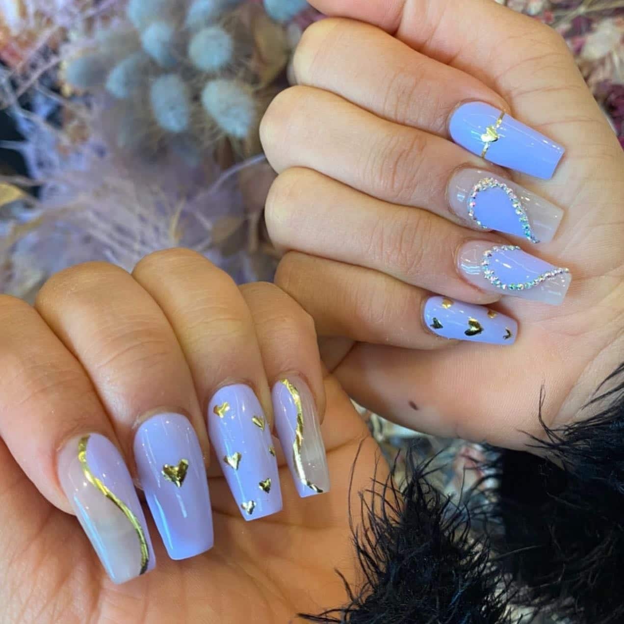 4. Soft Lilac Hearts and Gold Lines - purple and gold nail ideas