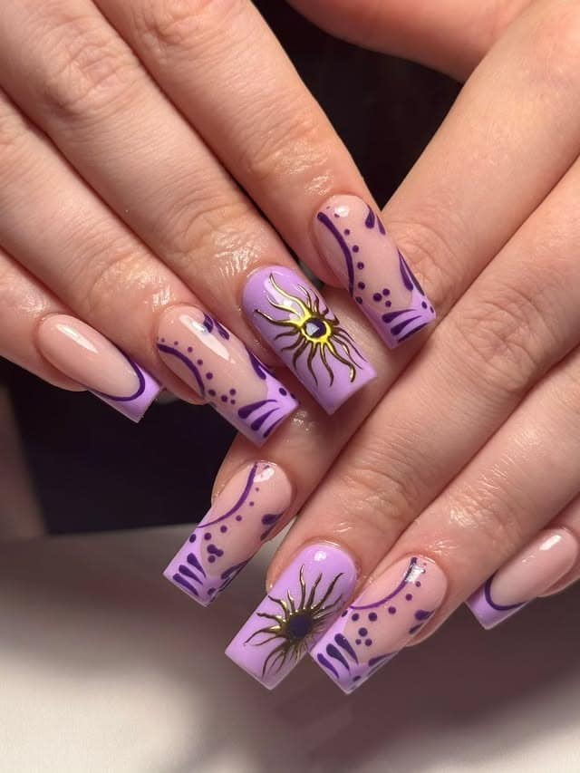 21. Golden Sunburst Art on Lavender Base - purple and gold nail ideas