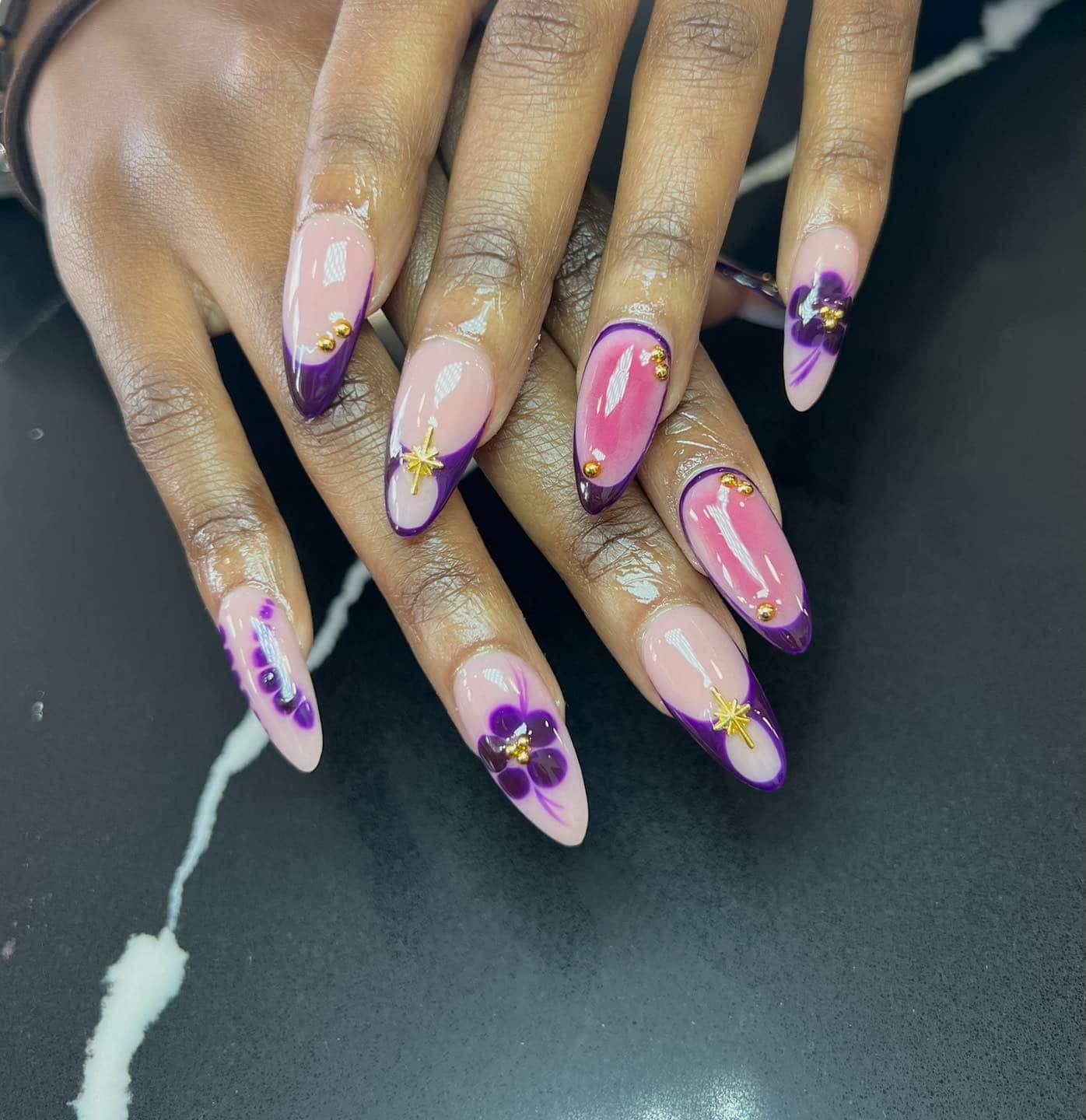 22. Violet Blossom Glam with Gold Touches - purple and gold nail ideas