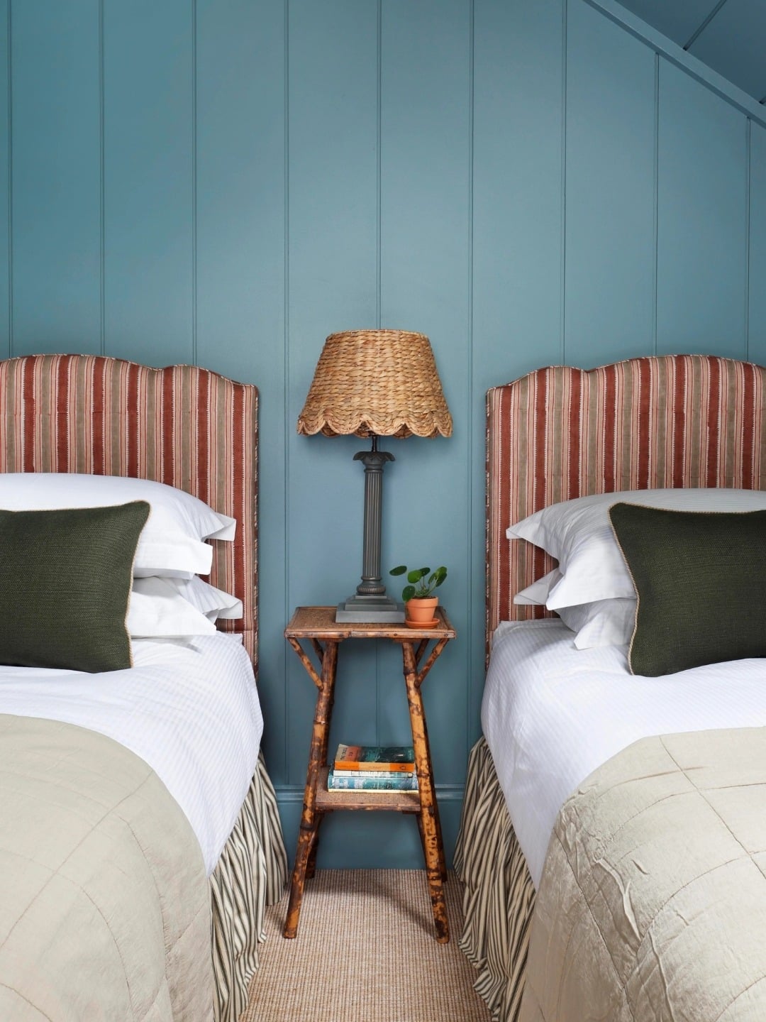 2. Coastal Twin Retreat in Blue and Taupe - gray and blue bedroom ideas