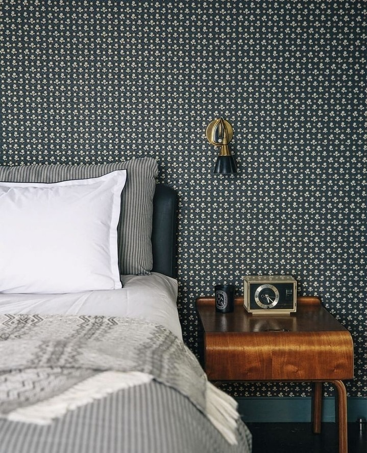 8. Mid-Century Pattern Play in Charcoal and Denim Blue - gray and blue bedroom ideas